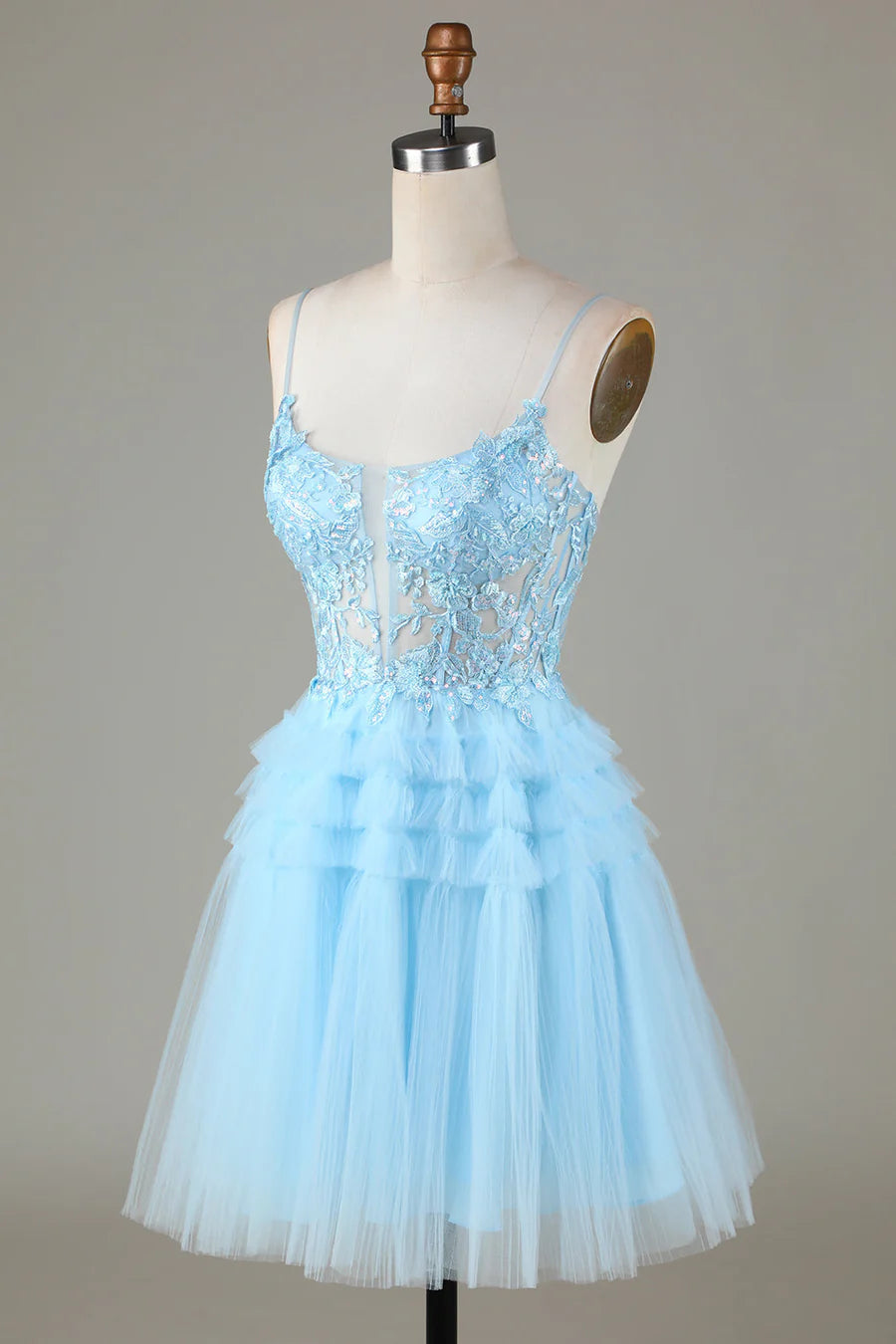 Light Blue Sheer Bodice Ruffle Tiered Short Homecoming Dress